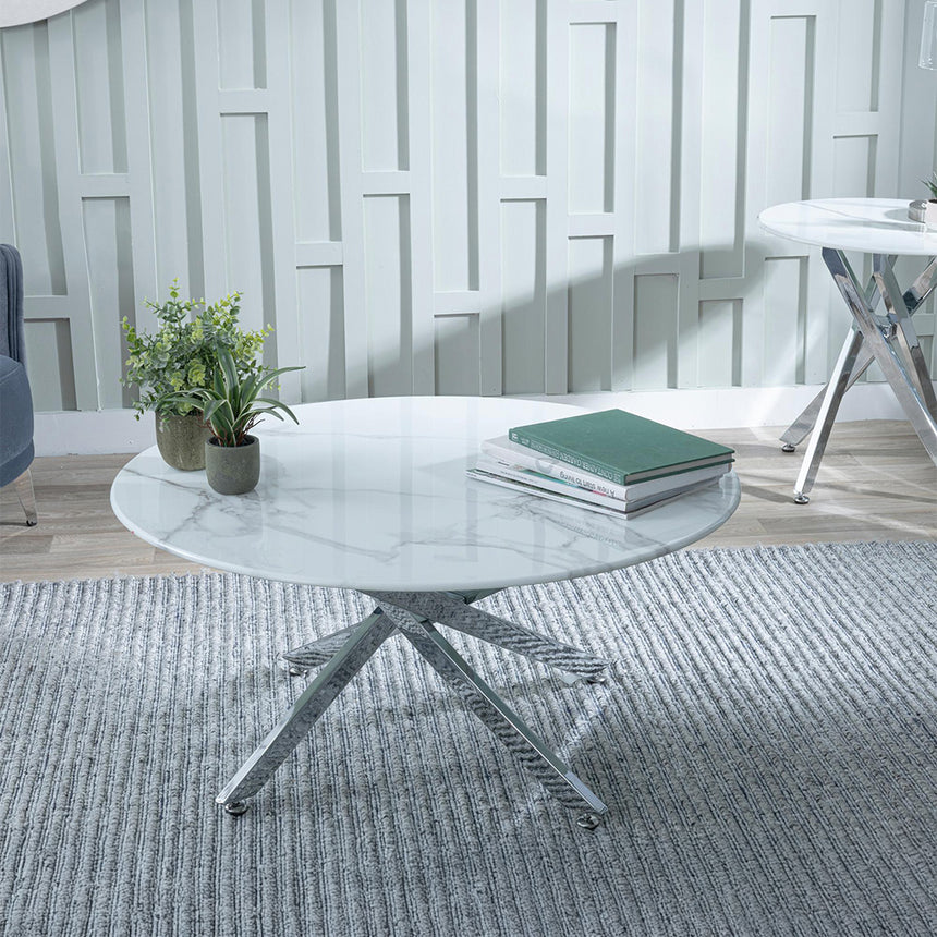 Ashley Glass Round Coffee Table with Chrome Metal Legs