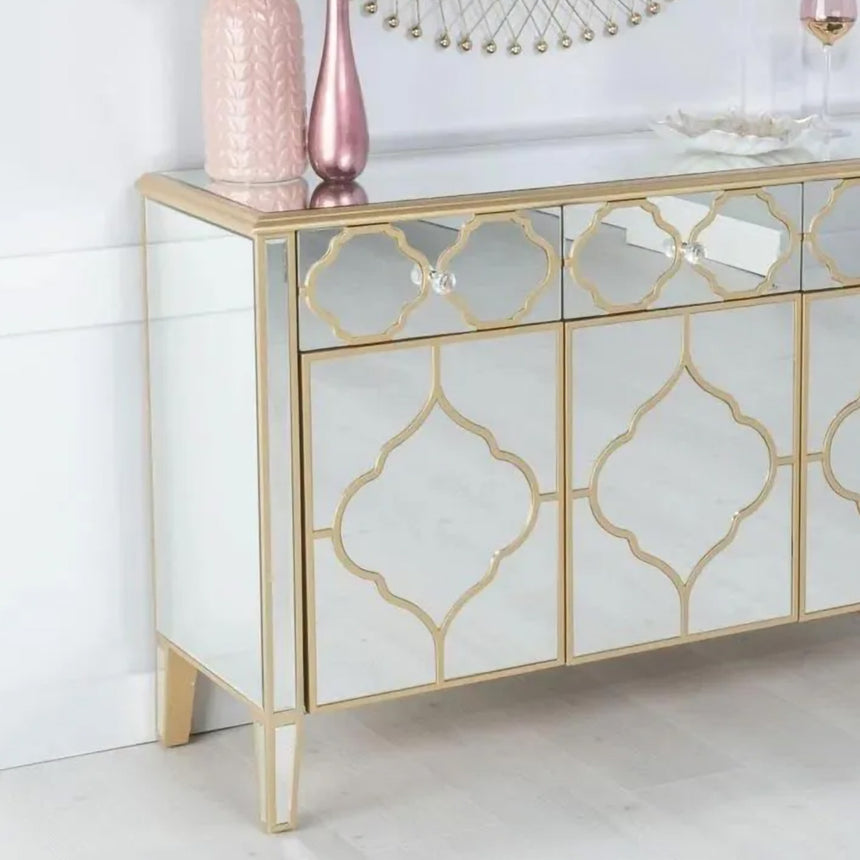 Bari Mirrored Gold Trim 3 Door Large Sideboard - 125cm