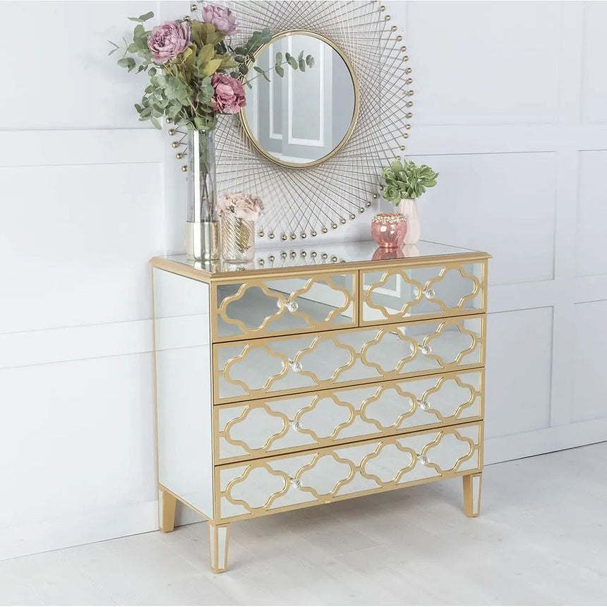 Bari Mirrored Gold Trim 3+2 Drawer Chest