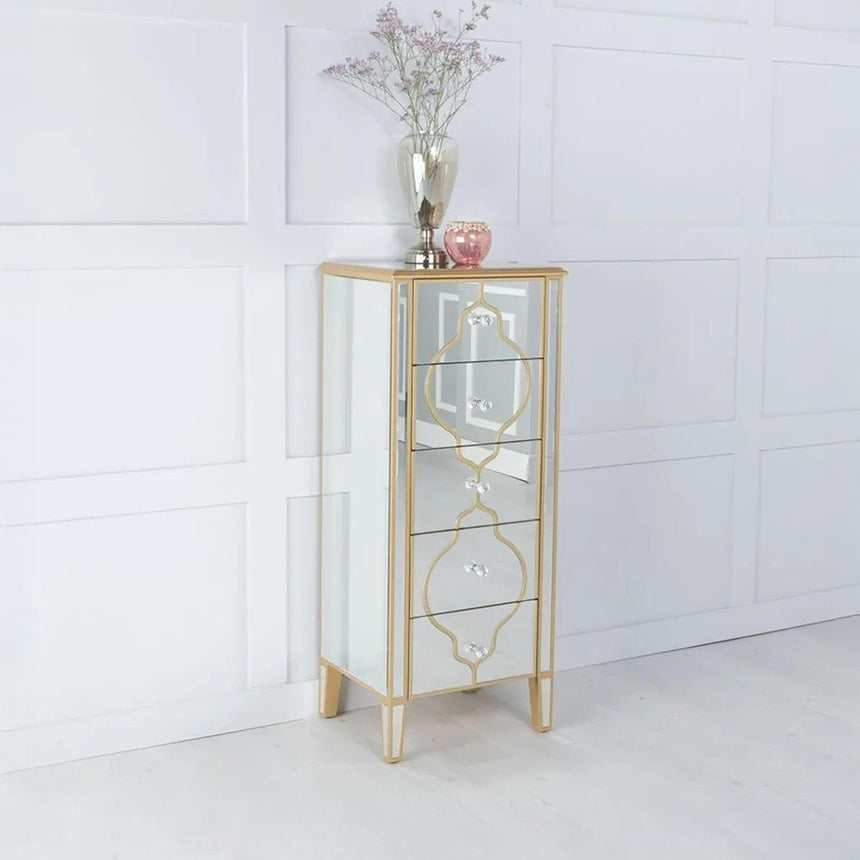 Bari Mirrored Gold Trim 5 Drawer Narrow Chest