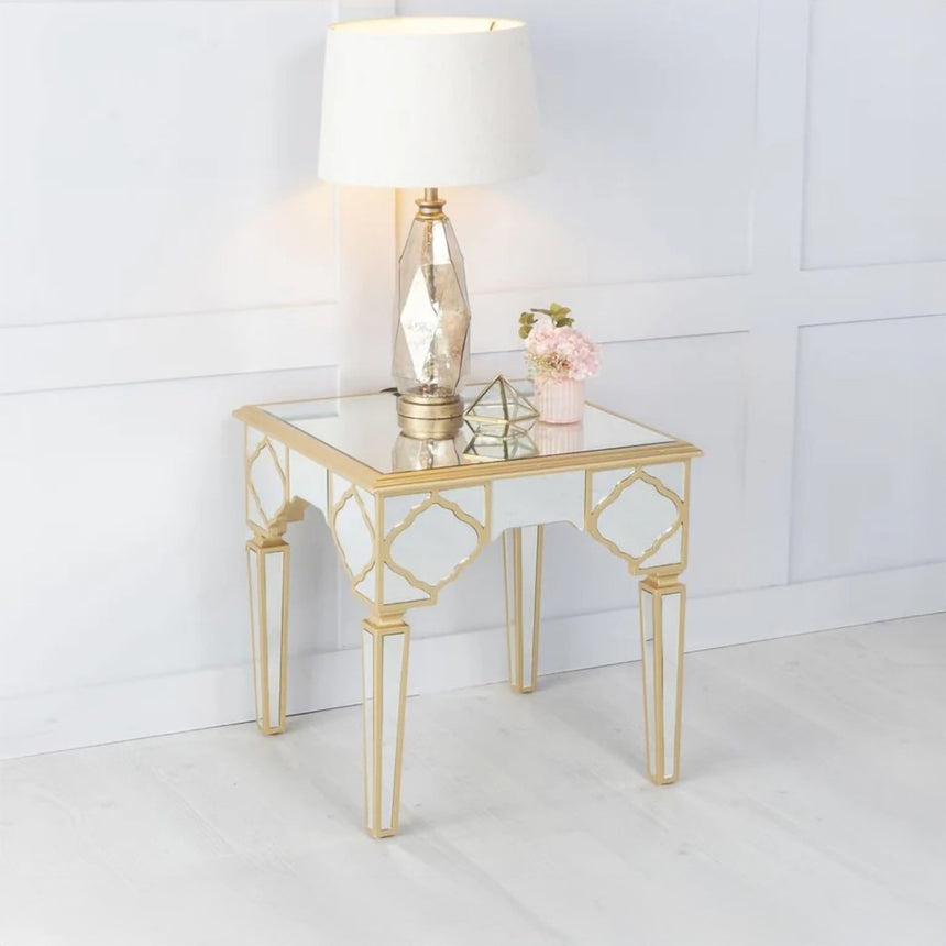 Bari Mirrored Gold Trim Square Side Table