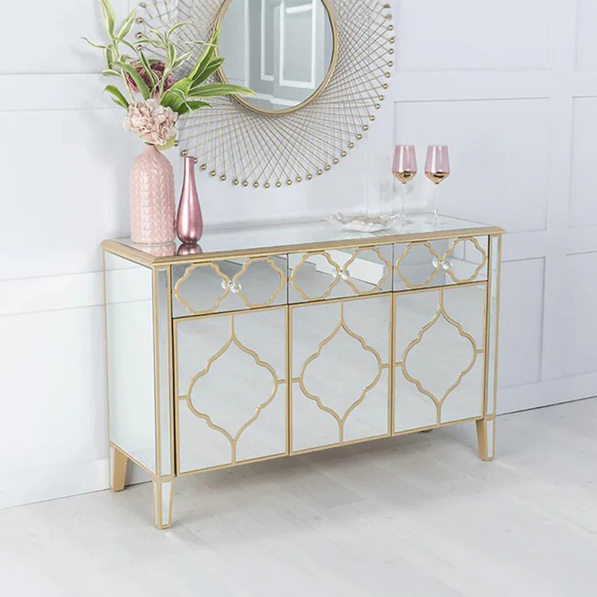 Bari Mirrored Gold Trim 3 Door Large Sideboard - 125cm