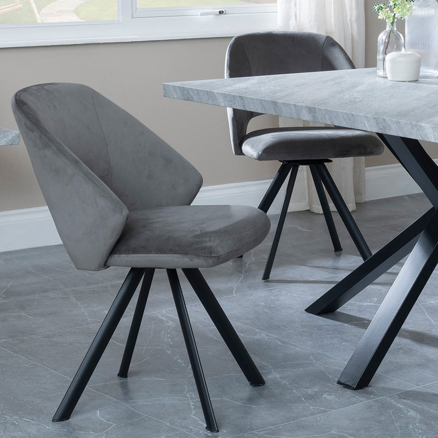 Barking Grey Concrete Dining Set with Spider Legs - Burano Dark Grey Velvet Fabric Swivel Dining Chair