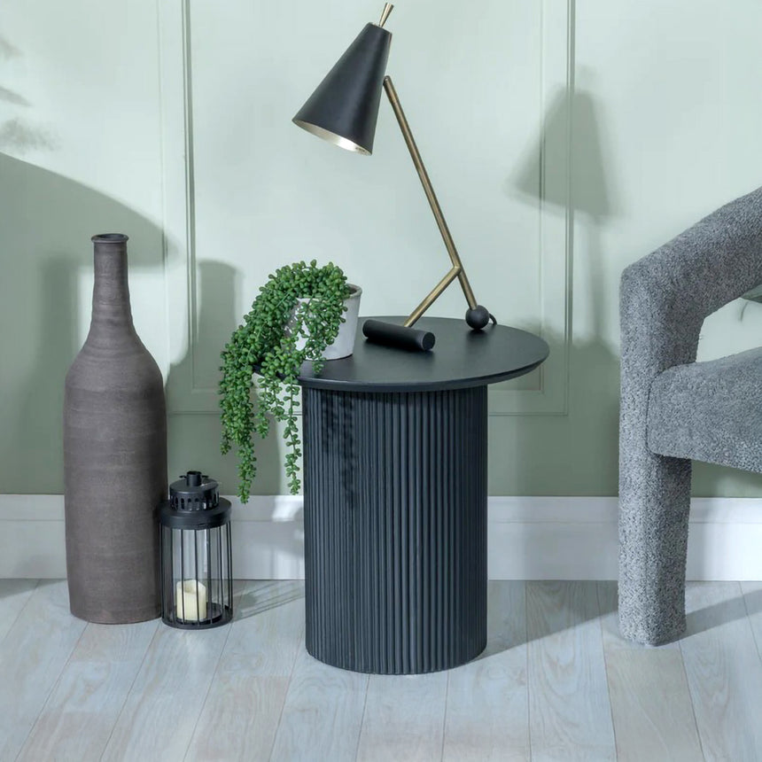 Bern Fluted Black Round End Table with Drum Base