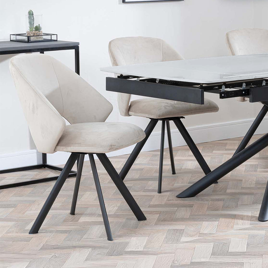 Beverly Grey Ceramic Extending Dining Set - Burano Velvet Fabric Swivel Dining Chair