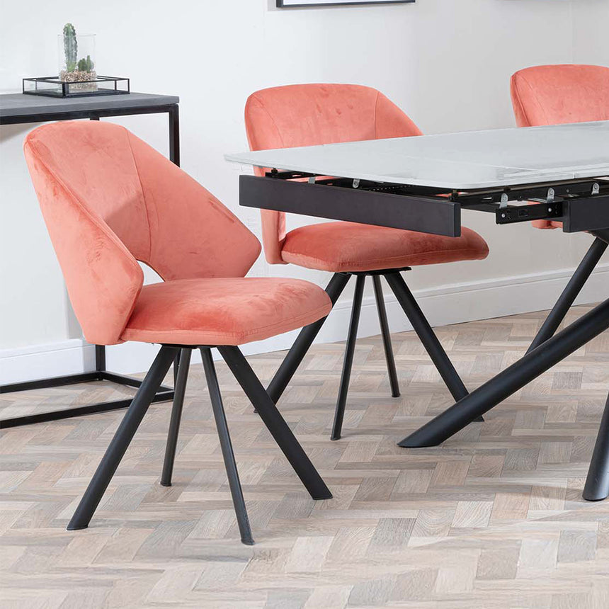 Beverly Grey Ceramic Extending Dining Set - Burano Velvet Fabric Swivel Dining Chair