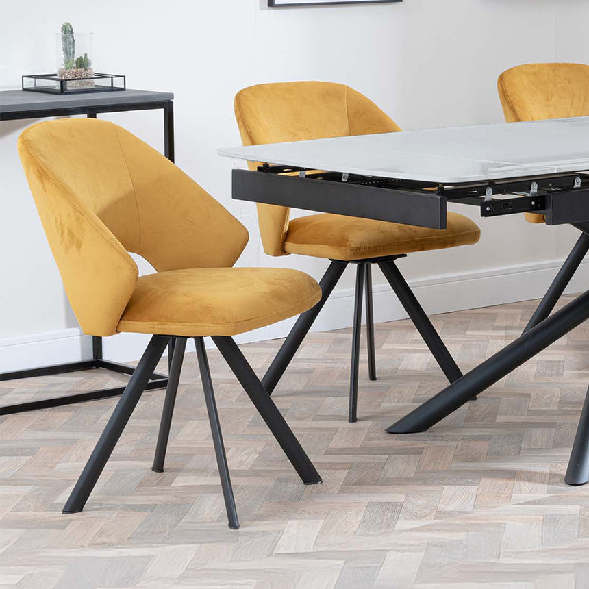 Beverly Grey Ceramic Extending Dining Set - Burano Velvet Fabric Swivel Dining Chair