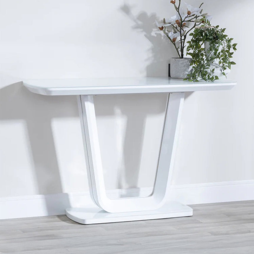 Bloomsbury White Glass Console Table with V Base
