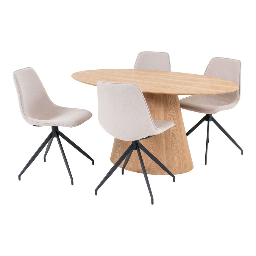 Bolton Natural Wood Oval Dining Set with 4 Zebulon Sand Swivel Chairs