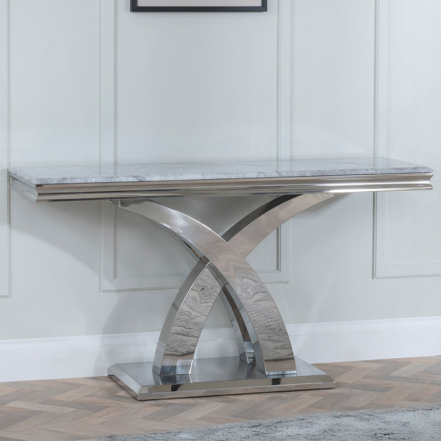 Palermo Grey Marble and Chrome Console Table with X-Cross Base