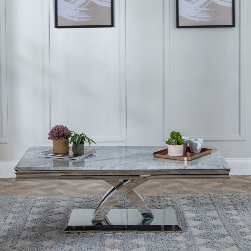 Palermo Grey Marble and Chrome Coffee Table with X-Cross Base