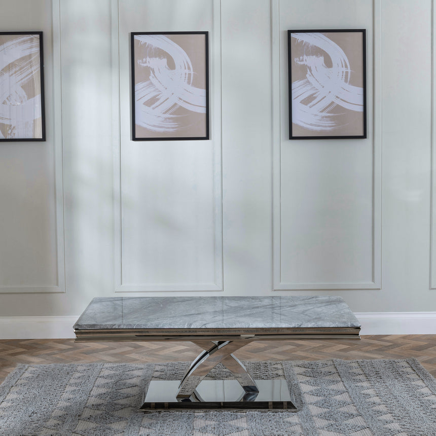 Palermo Grey Marble and Chrome Coffee Table with X-Cross Base