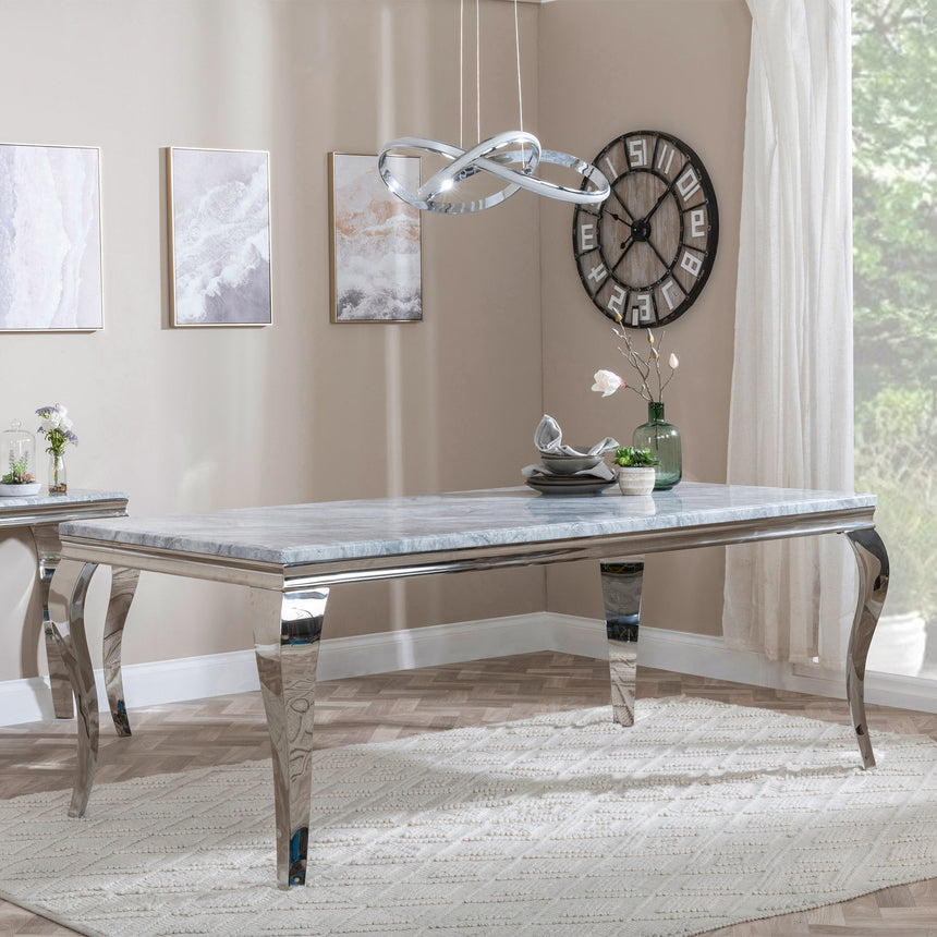 Matera 6 Seater Grey Marble and Chrome Dining Table - Sizes Available