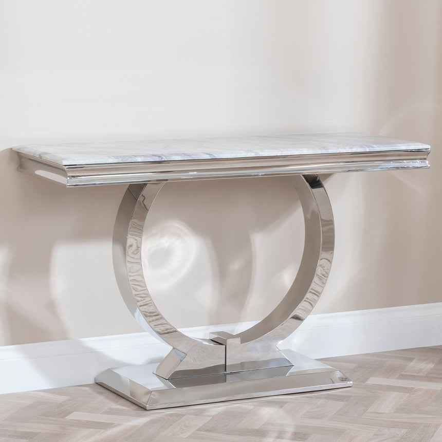 Seattle Grey Marble and Chrome Console Table with Ring Base
