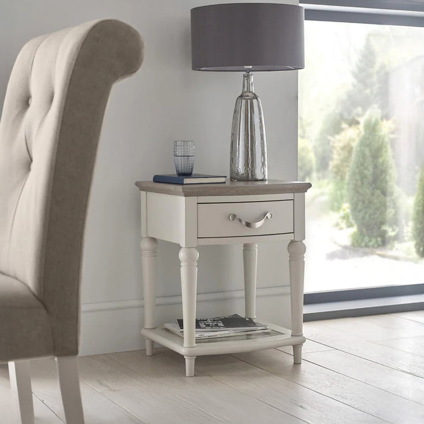 Carolina Grey Washed Oak and Soft Grey Lamp Table with Drawer