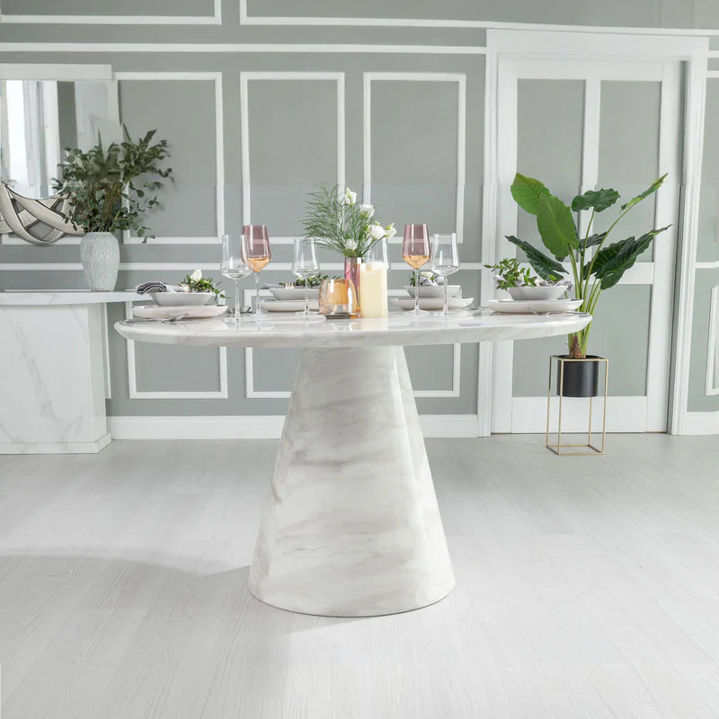 Modena 4 Seater White Marble Round Dining Table with Pedestal Base - 130cm