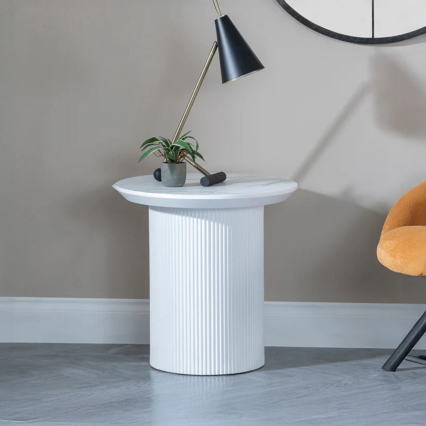 Chadwell White Marble Round Lamp Table with Fluted Base