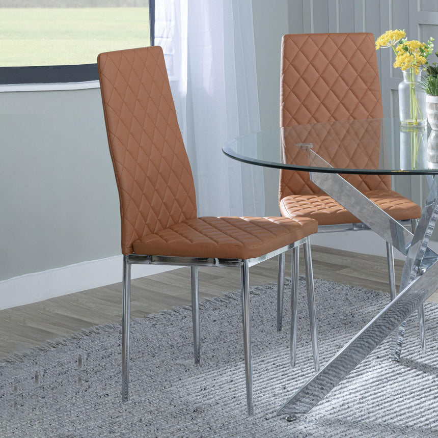 Novato Dining Chairs in Burnt Orange Colour Leather and Chrome Metal Legs