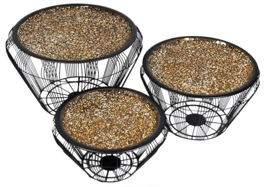 Aria Gold Mosaic Set of 3 Tables, Black Wire Metal Base