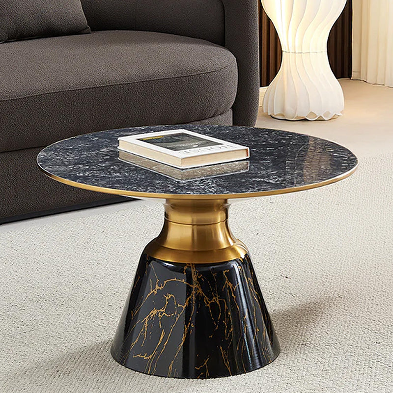 Debra Grey Ceramic Round Coffee Table with Walnut Base and Gold Trim