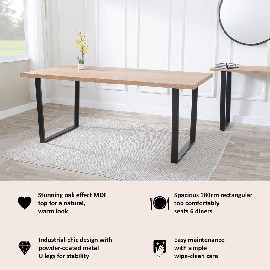 Kimberly 6 Seater Dining Table with U Legs - 180cm