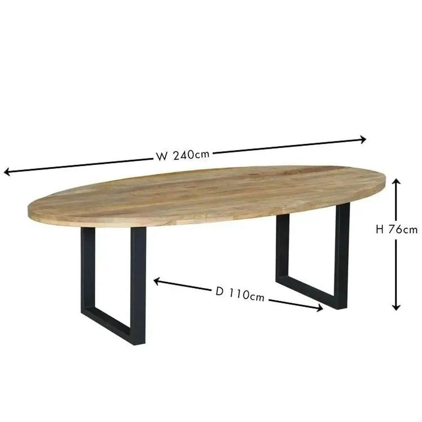 Florence 8-10 Seater Mango Wood Industrial Oval Dining Table with Black U Legs - 240cm