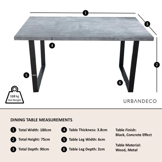Kimberly 6 Seater Dining Table with U Legs - 180cm