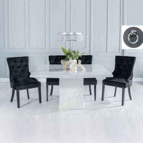 Genoa 140Cm Square White Marble Dining Set - Fabric Knocker Back Dining Chair With Black Legs