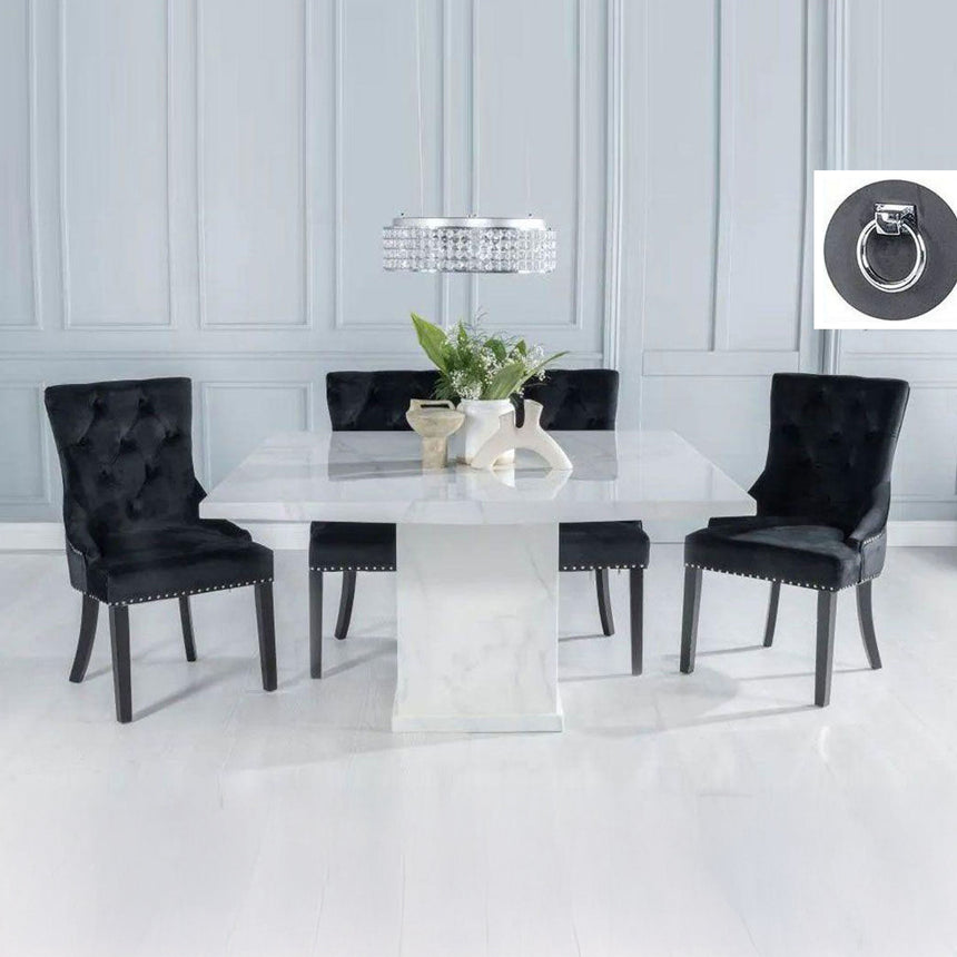 Genoa 140Cm Square White Marble Dining Set - Fabric Knocker Back Dining Chair With Black Legs