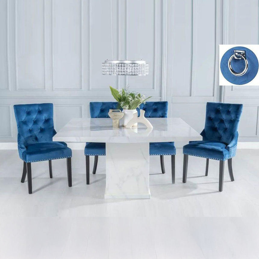 Genoa 140Cm Square White Marble Dining Set - Fabric Knocker Back Dining Chair With Black Legs