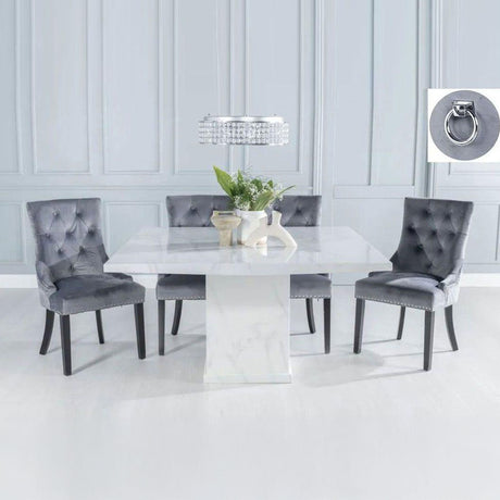 Genoa 140Cm Square White Marble Dining Set - Fabric Knocker Back Dining Chair With Black Legs