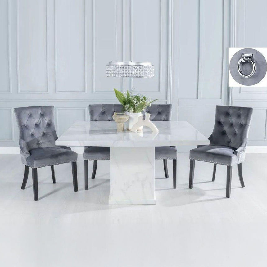 Genoa 140Cm Square White Marble Dining Set - Fabric Knocker Back Dining Chair With Black Legs