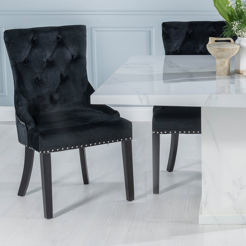 Genoa 140Cm Square White Marble Dining Set - Fabric Lion Head Ring Back Dining Chair With Black Legs