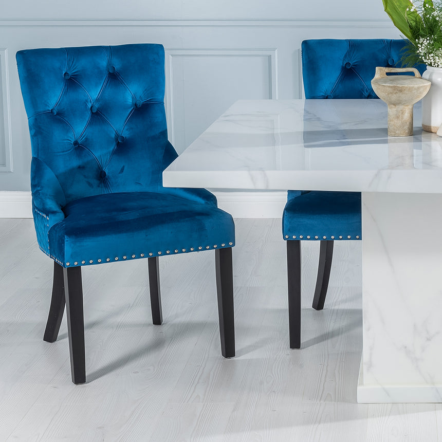 Genoa 140Cm Square White Marble Dining Set - Fabric Lion Head Ring Back Dining Chair With Black Legs