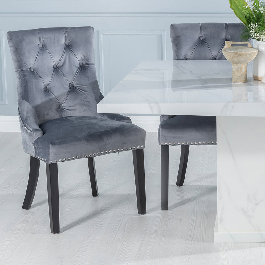 Genoa 140Cm Square White Marble Dining Set - Fabric Knocker Back Dining Chair With Black Legs