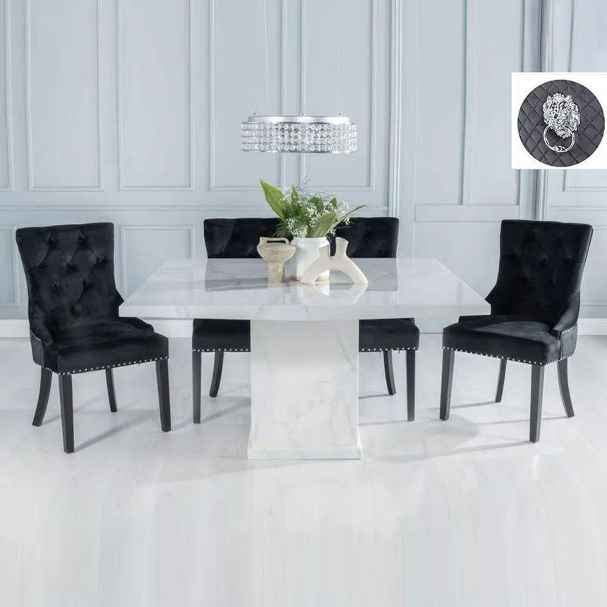 Genoa 140Cm Square White Marble Dining Set - Fabric Lion Head Ring Back Dining Chair With Black Legs