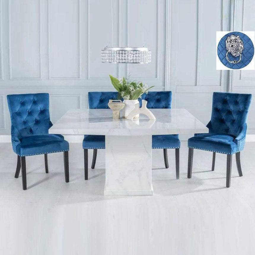 Genoa 140Cm Square White Marble Dining Set - Fabric Lion Head Ring Back Dining Chair With Black Legs