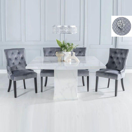 Genoa 140Cm Square White Marble Dining Set - Fabric Lion Head Ring Back Dining Chair With Black Legs