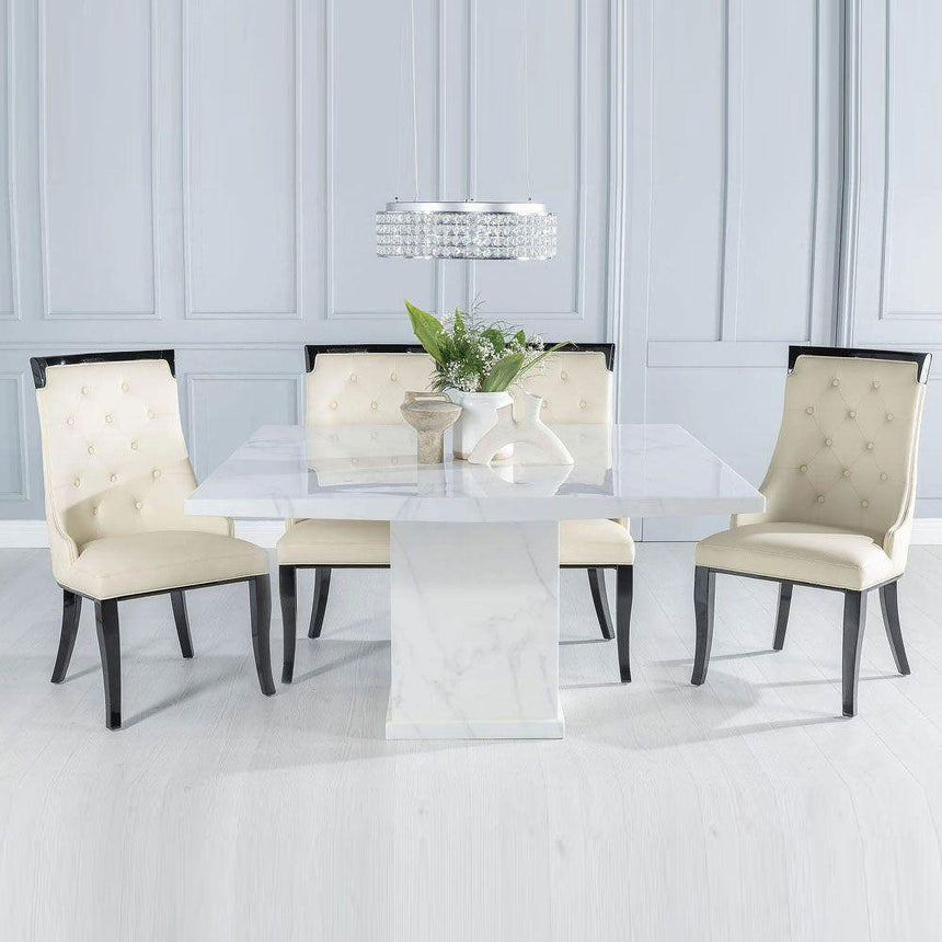 Genoa 140Cm Square White Marble Dining Set - Modica Faux Leather Chair