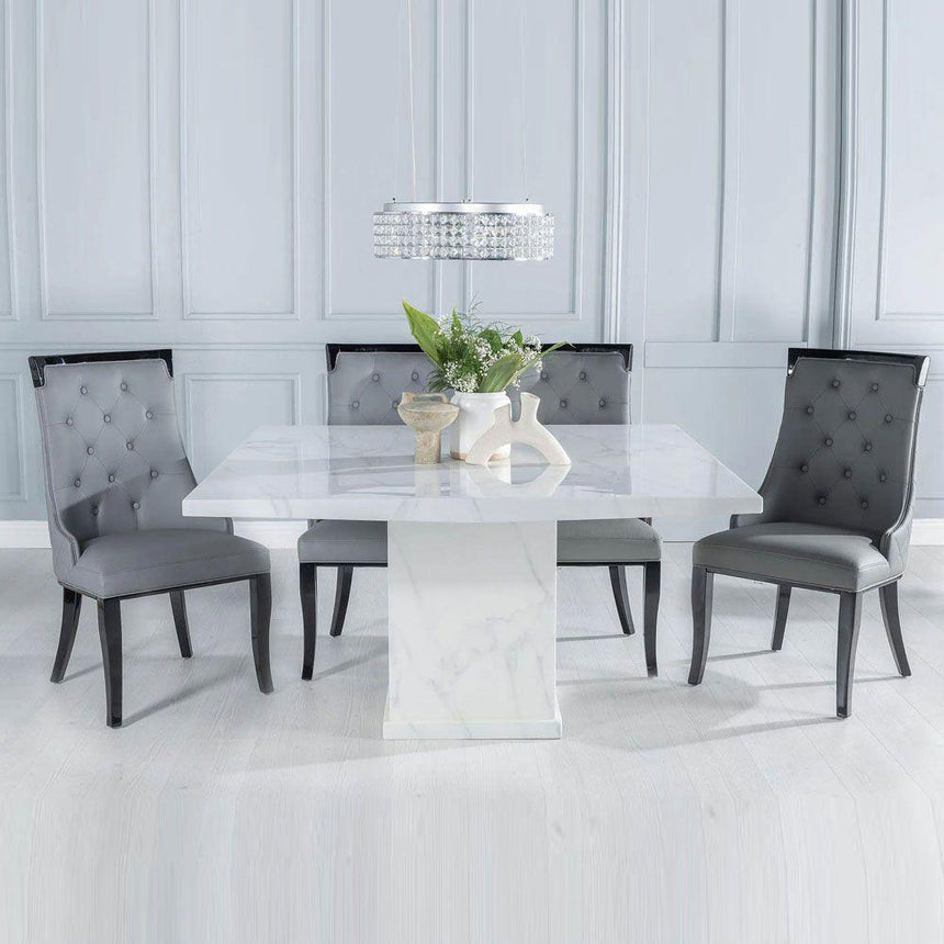 Genoa 140Cm Square White Marble Dining Set - Modica Faux Leather Chair