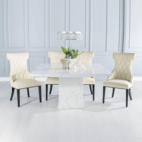 Genoa 140Cm Square White Marble Dining Set - Parish Faux Leather Chair
