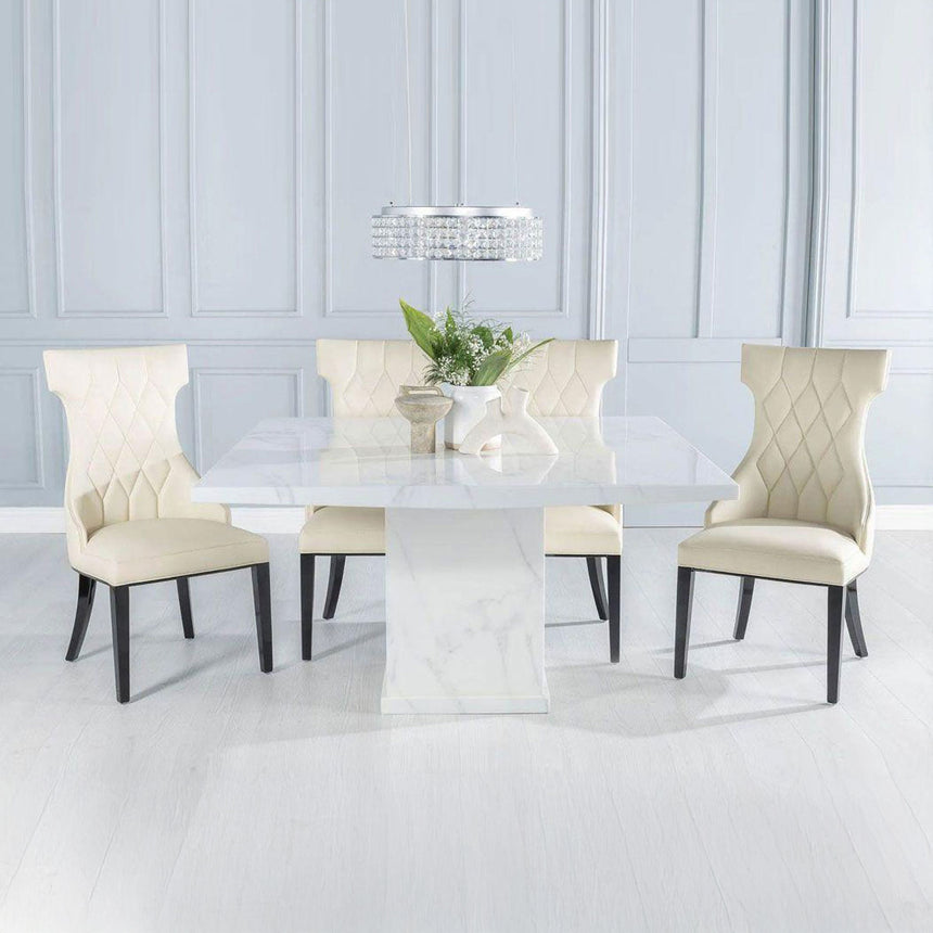 Genoa 140Cm Square White Marble Dining Set - Parish Faux Leather Chair
