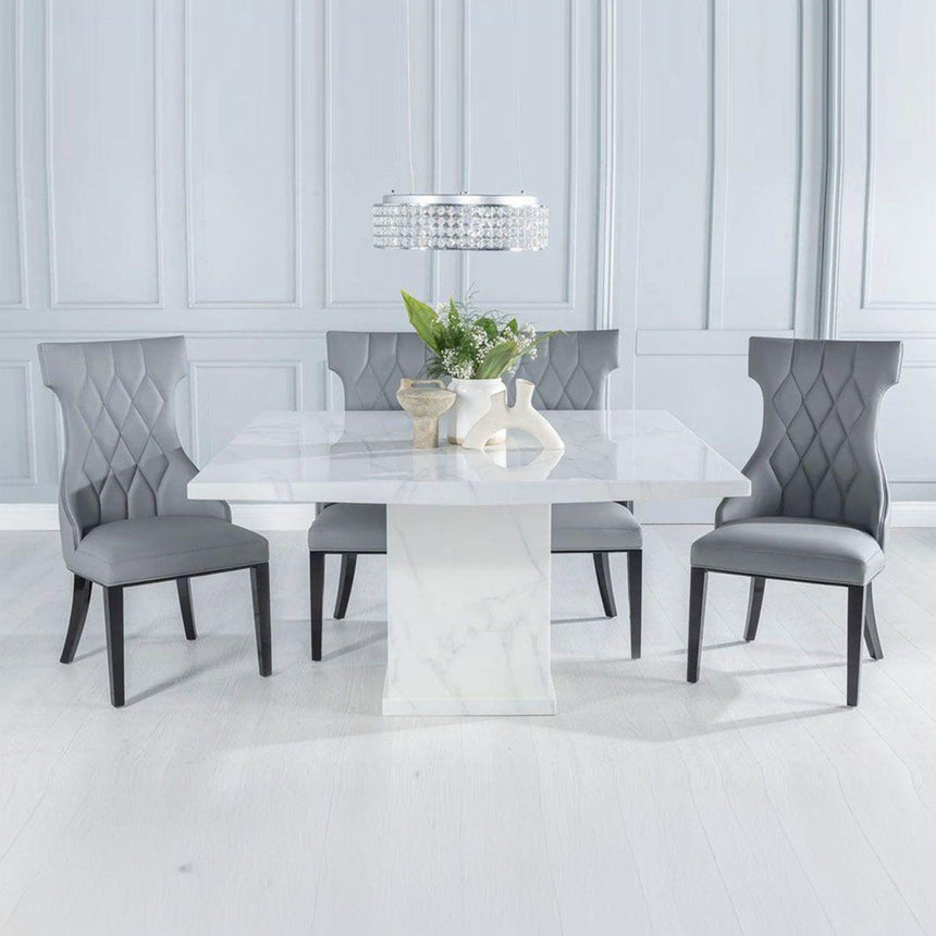 Genoa 140Cm Square White Marble Dining Set - Parish Faux Leather Chair