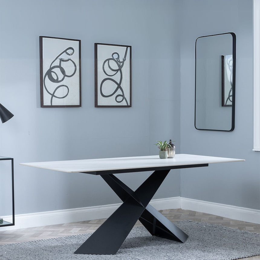Gloria 180cm White Ceramic Dining Table with Black Cross Base