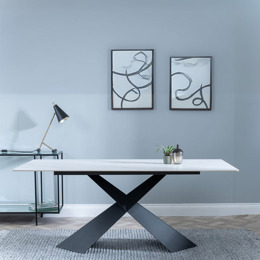 Gloria 180cm White Ceramic Dining Table with Black Cross Base