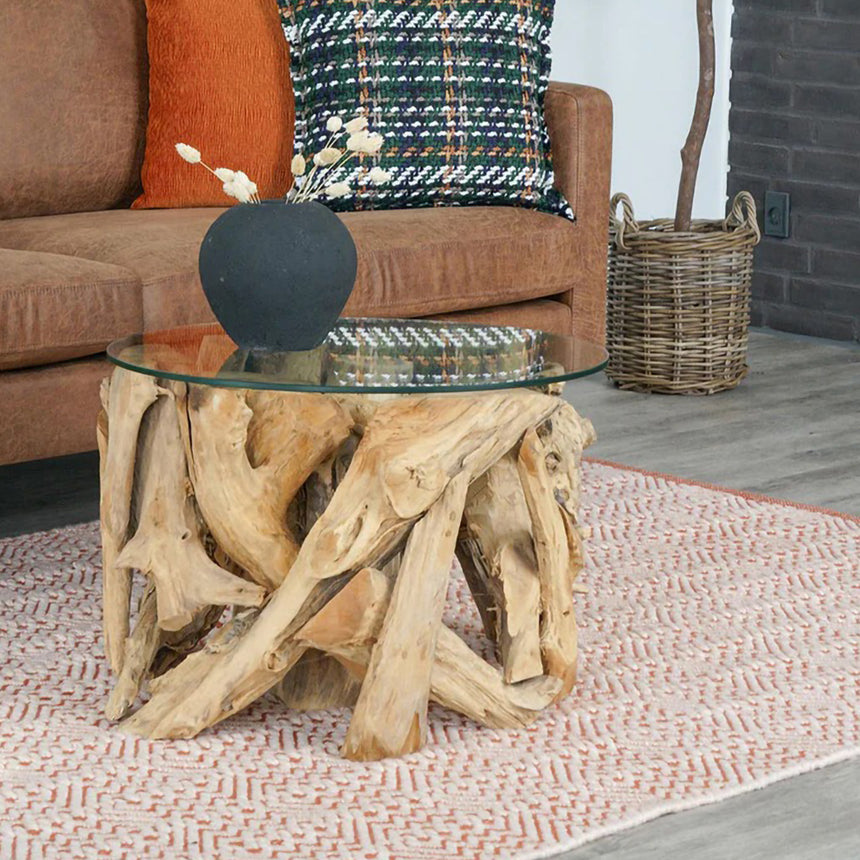Grand Glass and Teak Root Round Coffee Table