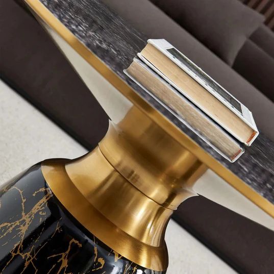 Debra Grey Ceramic Round Coffee Table with Walnut Base and Gold Trim