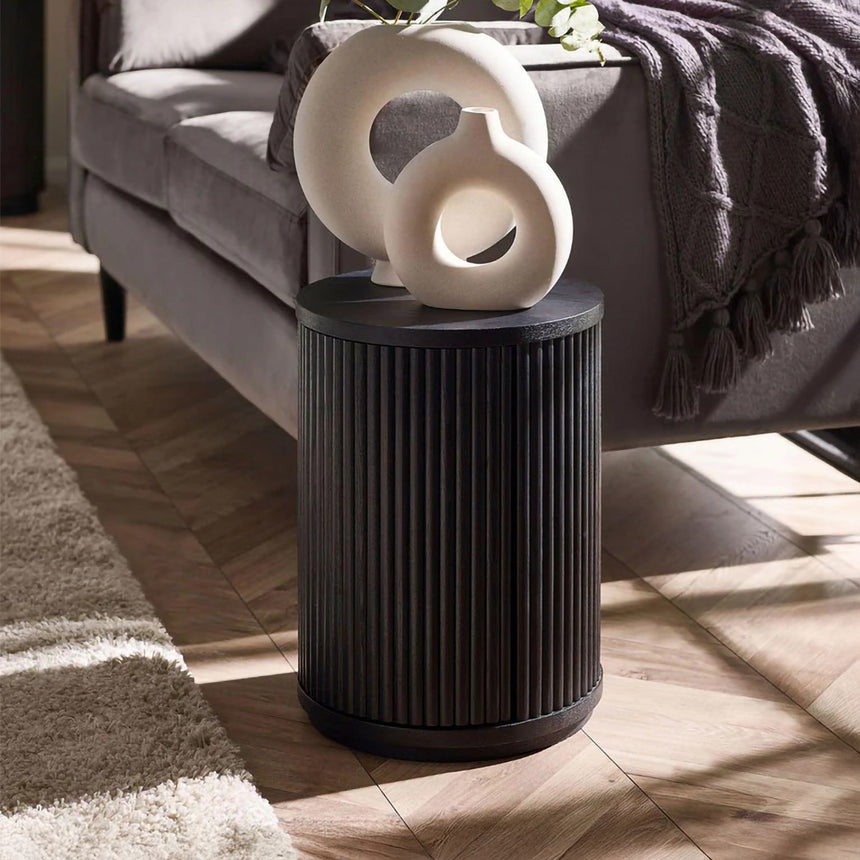 Idaho Black 1 Door Round Side Table - Fluted Base