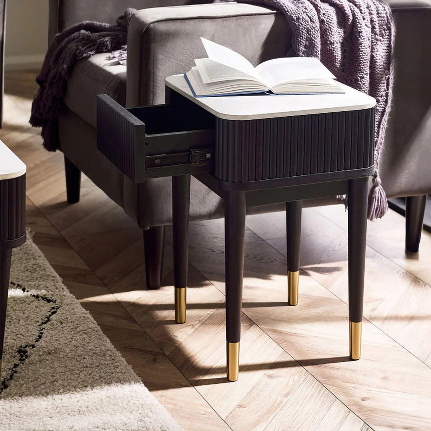 Idaho White Ceramic Top 1 Drawer Lamp Table - Black Fluted Base