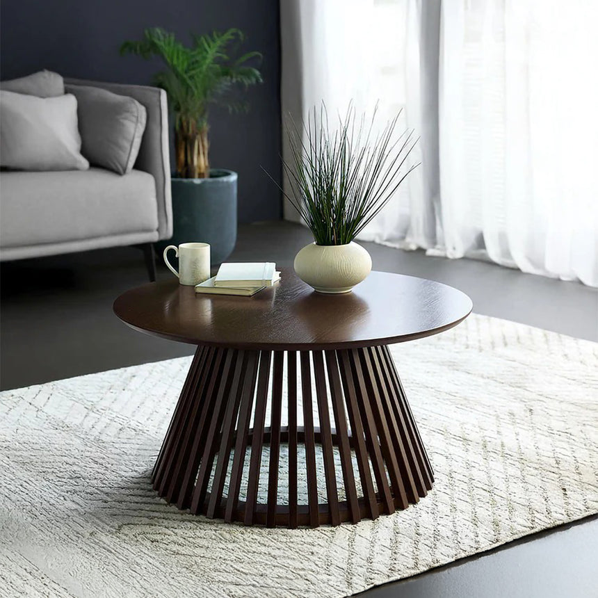 Illinois Dark Oak Round Coffee Table with Slatted Base